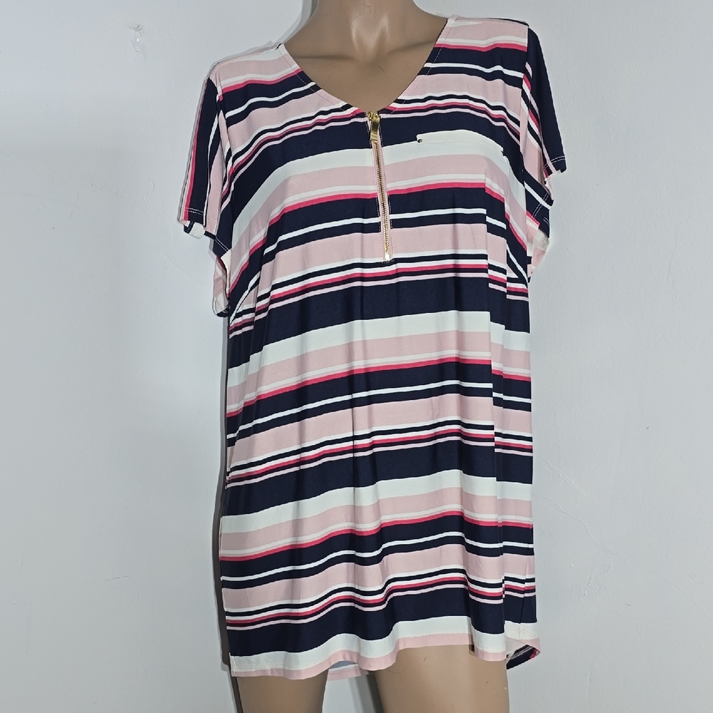 Roz & Ali Womens Navy and Pink Striped Pullover Short Sleeve Top Size 1X New